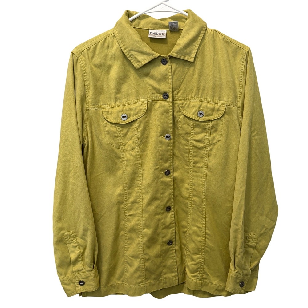 Chico's Green Button Up Blouse Button Flap Chest Pockets Chico's 1 Size 8/Medium